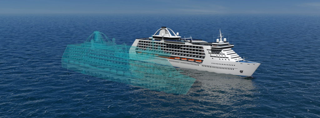 Skip på hav med digital modell satt inn ved siden av